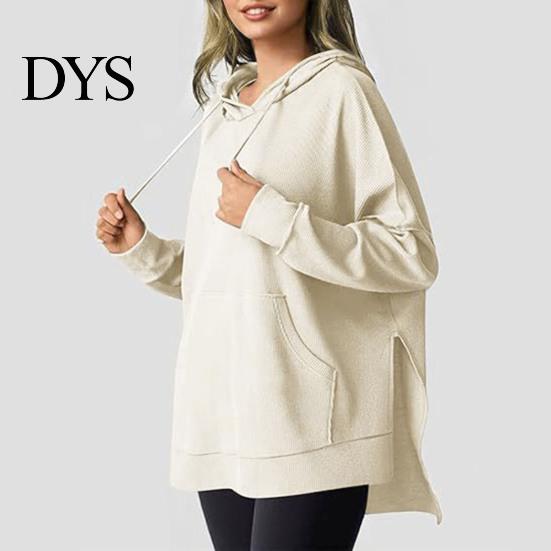 Waffle Texture Women Hoodie Fall Spring Big Pocket Drawstring Hooded Loose Slit And Autumn For Hem Pure Color Knitted Sportwear Top Warm Winter