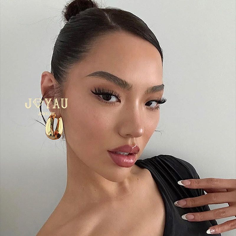 Joyau Do Not Pick Face Shape Large Circle Earrings Wide Face Simple Bracelet Painless Ear Clip Simple European and American Style Style Ear Ring Gold 4cm Earrings [with Pierced Ears]