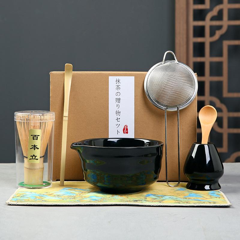 7pcs Traditional Bamboo Ceramic Japanese Matcha Tea Set with Spout Reusable Matcha Whisk Set Food Grade Safe Match Bowl Stirring