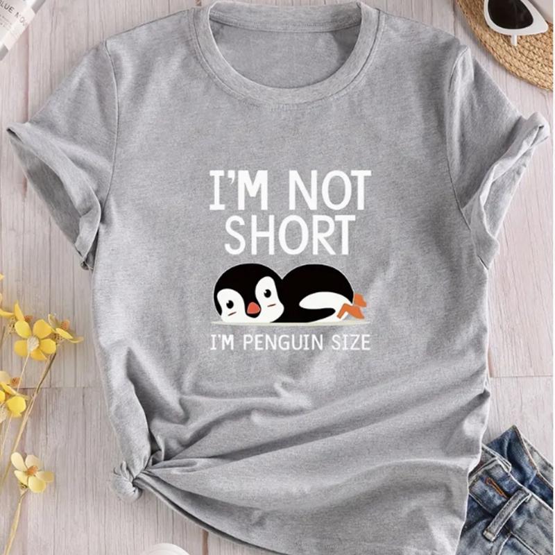 

Модная женская футболка с милым принтом пингвина и алфавита, забавная повседневная футболка с круглым вырезом и короткими рукавами, летняя женская футболка S серый