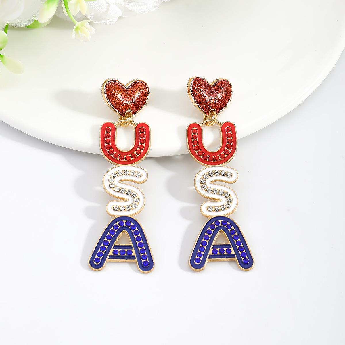 Independence Day letter diamond earrings personalized three-color creative USA enamel earrings red, white and blue earrings