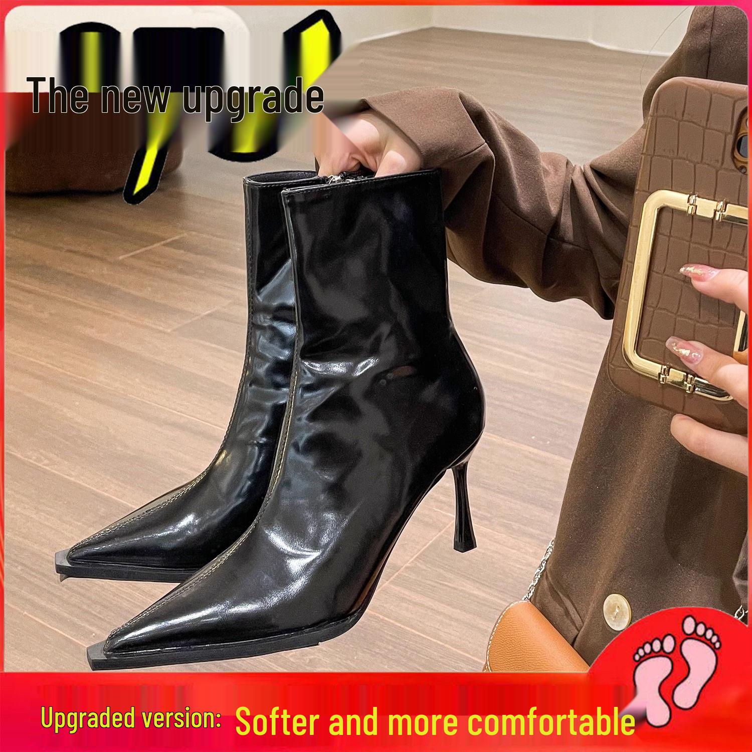 

2025 Autumn/Winter European & American Stiletto Heel Patchwork Nude Retro Brown High-Heeled Ankle Boots 39