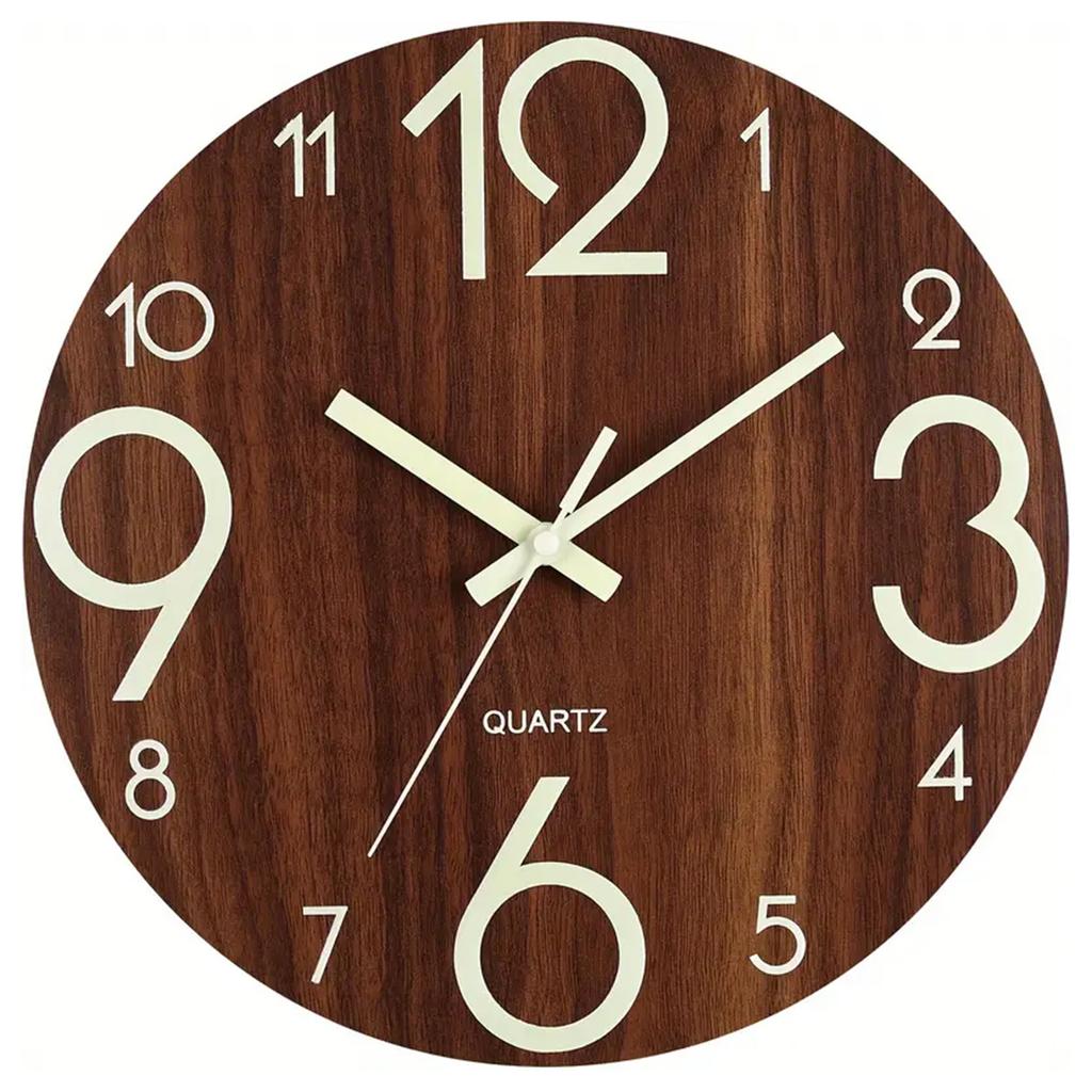 12 Inch Wooden Wall Clock Round Glow-in-The-Dark Silent Clocks Luminous Wall Clock for Living Room Bedroom Office Study Decors