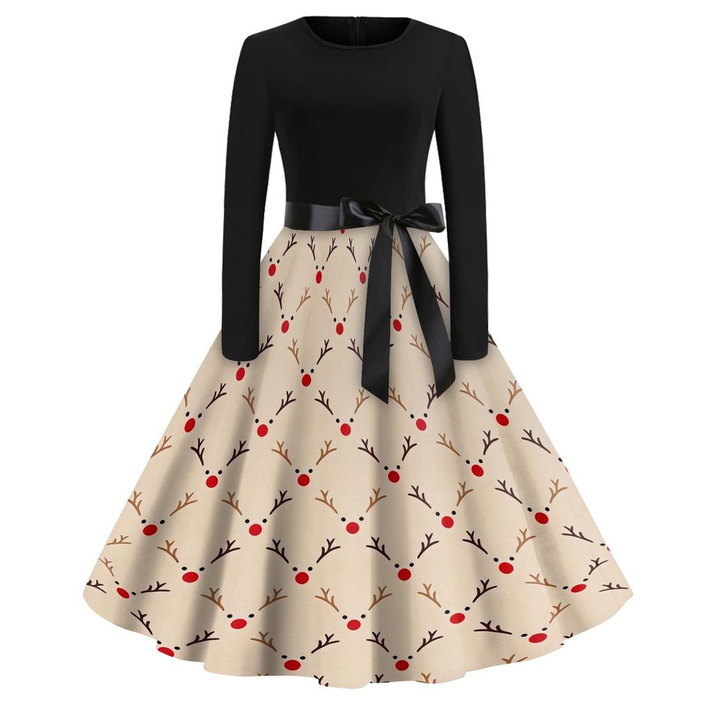 Women's Casual Christmas Print Dress with Neck, Vintage Holiday Dress