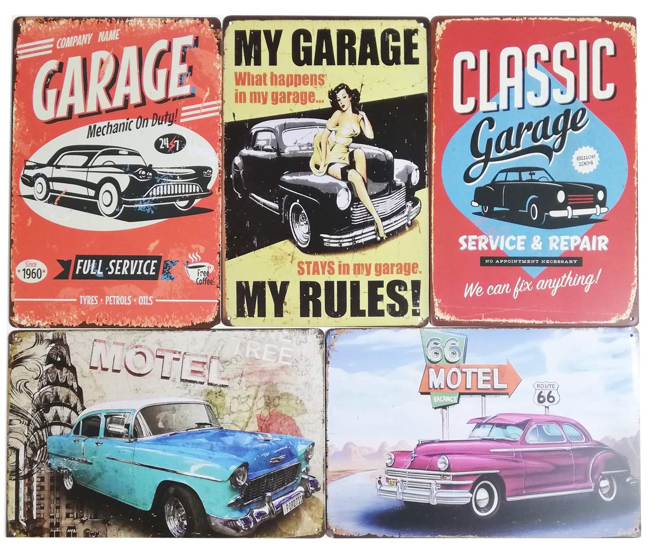 

HIRO WORLD TRADE Tin Metal Plate Sign Set of 5 Antique American Diner Retro Interior Goods Garage Sign (Car)