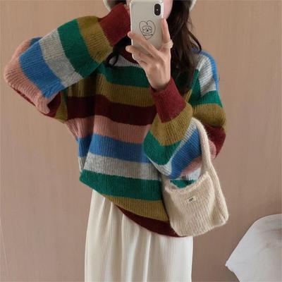 2025 Autumn/Winter Women's Rainbow Stripe Color Block Sweater - Loose, Round Neck, Thick Knit Pullover
