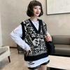 Retro Contrasting Totem Jacquard V-neck Knitted Vest Women's Black and White Patchwork Knitted Pullover Loose Casual Thin Sweater Autumn