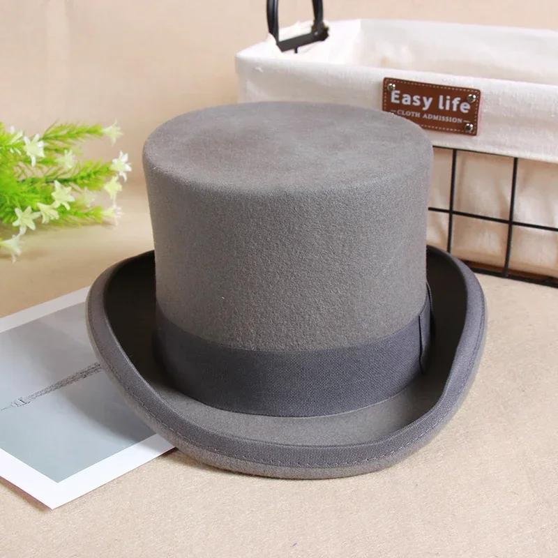 Wol Platte Mannen Hoge Hoed Mode Fedora Hoeden Veelzijdige Panama Magiër Hoed Heer Cilinder Riem Steampunk Unisex Elegant