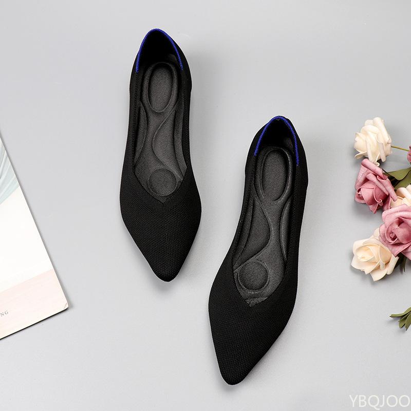 Fashion Breathable women's spring flat shoes pointed elastic knit daily casual  comfortable single shoes soft soled knit boat shoes