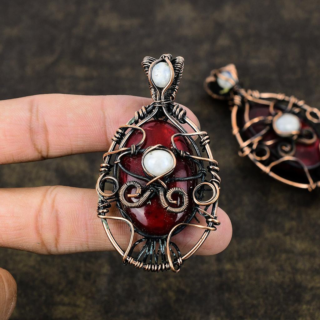 Natural Red Labradorite, Moonstone Gemstone Copper Wire Wrap Pendant 2.87" O5b07