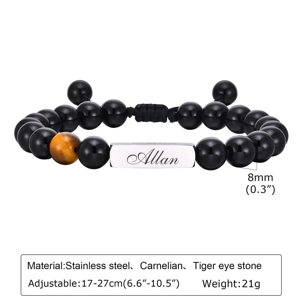 Personalized Beaded Bracelets for Men Boys,Adjustable Nartual Stone Stainless Steel Name Bar Wristband,Father Boyfriend Gifts