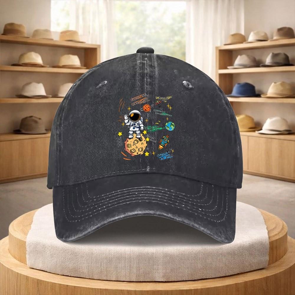 Astronaut Planet Print Washed Baseball Cap Unisex Adjustable Strap Retro Cotton Outdoor Cap