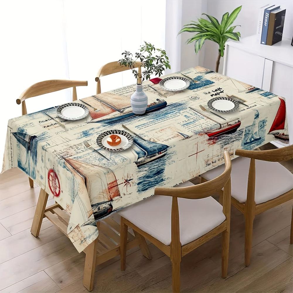One vintage sailing yacht and ocean collage pattern polyester fabric tablecloth.PMJ