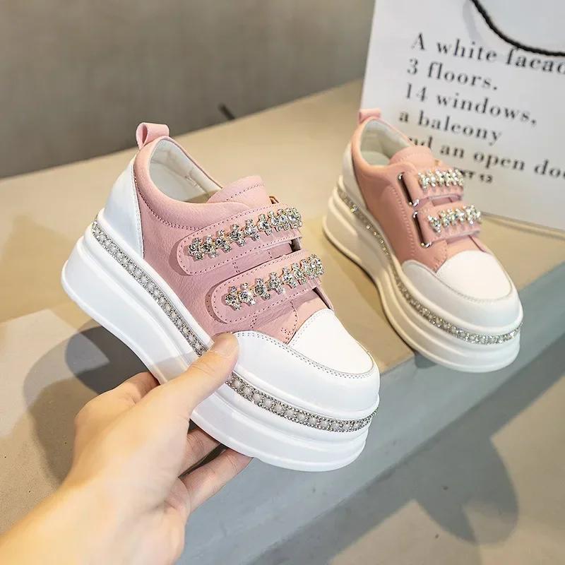 Fashion Top quality 7cm Skate Board Vulcanized Chunky Block Boot Bling Platform Wedge Sneakers Cow Genuine Leather Breathable lady Shoes