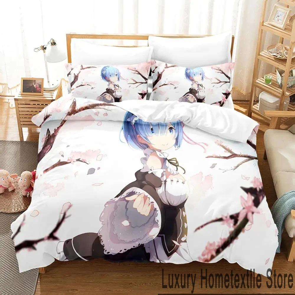 3D-Druck Anime Re Zero Rem Ram Emilia Bettwäsche-Set Jungen Mädchen Twin Queen King Size Bettbezug Kissenbezug Bett Jungen Erwachsene Werkzeug