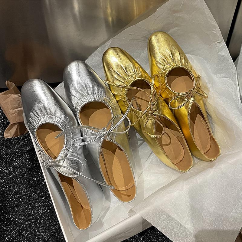 Gold and Silver Lace Up Mary Jane Shoes Women Low Heels Spring New Retro Round Toe Shallow Mouth Single Shoes Heels Women
