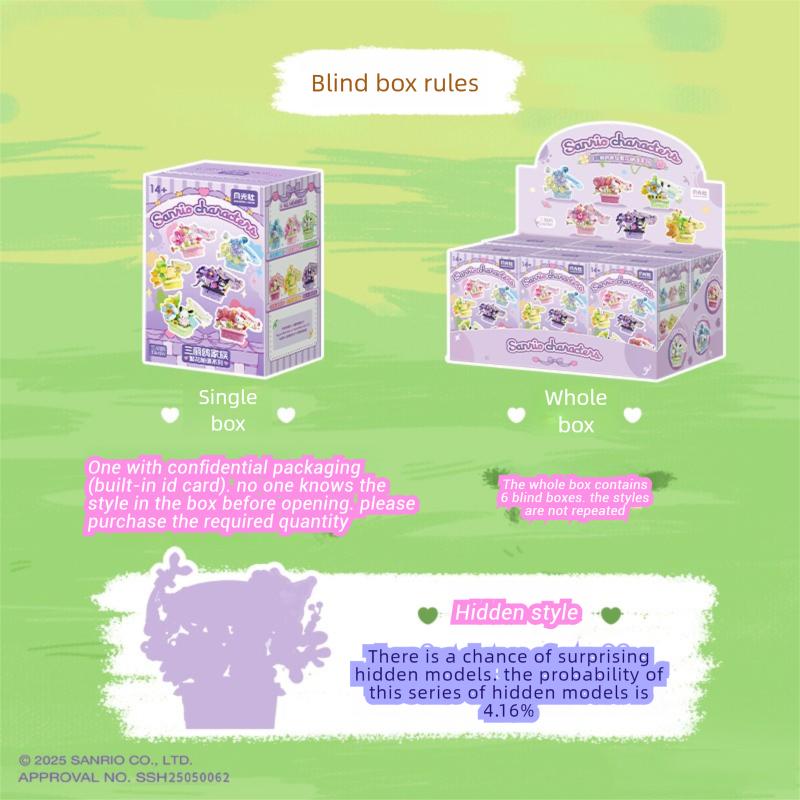 Sanrio Flower Basket Potted Building Blocks Hello Kitty Kuromi Bonsai Model Bricks Desktop Ornaments Surprise Blind Box Gifts