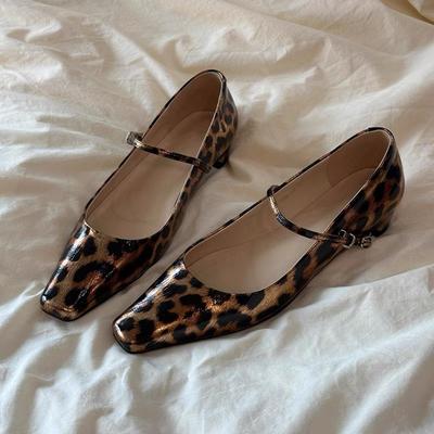 Version peau de mouton~ Automne nouveau bout carré imprimé léopard avec chaussures Mary Jane femmes talon épais cuir véritable version coréenne petites chaussures en cuir