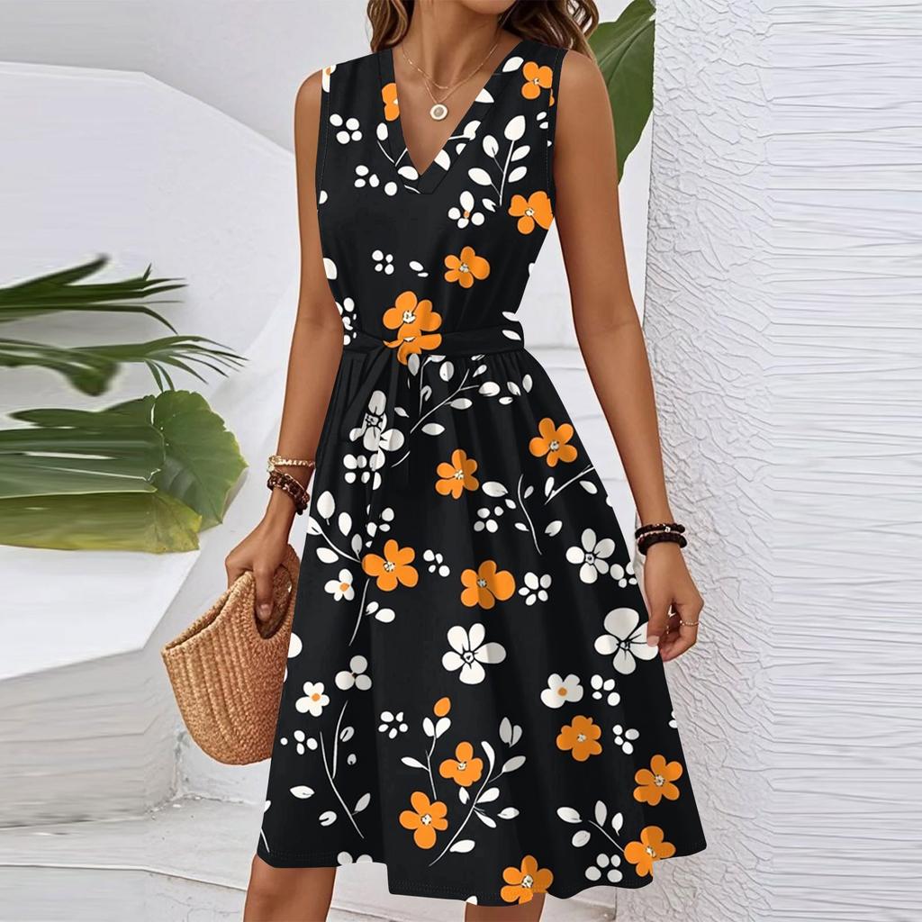 Damen Sommer Mode Locker V-Ausschnitt Ärmellos Schnürkleid mit Blumendruck