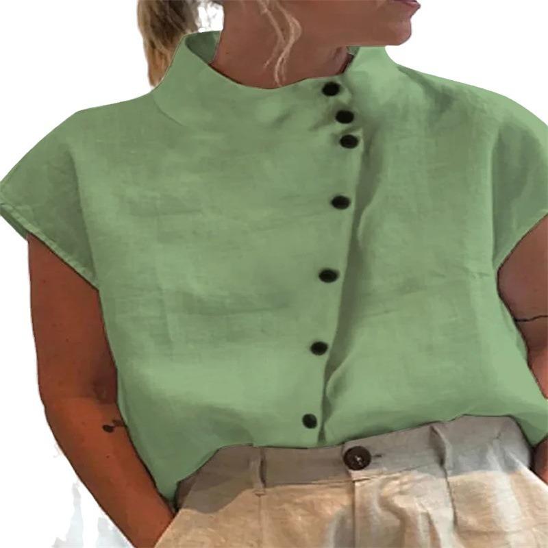 Stand Color Buttons Summer Women Blouse Casual Loose Fashion Shirts Solid Color Office Streetwear Simple Short Sleeve Tops New Sweet Clothing