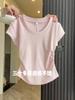 Korean Gentle Light Blue White and Thin Design Pleated Top Front Shoulder Short Sleeve Women's Summer Simple and Versatile T-shirt