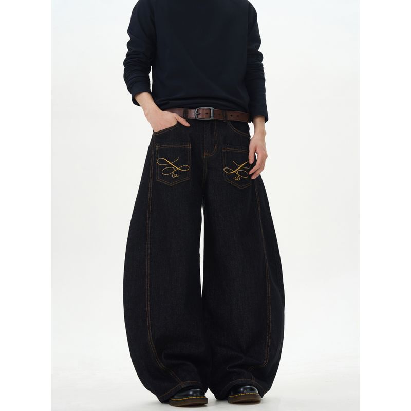 Kisko American Retro Style Reverse Pocket Embroidered Washed Scimitar Jeans Unisex Loose Straight Casual Pants