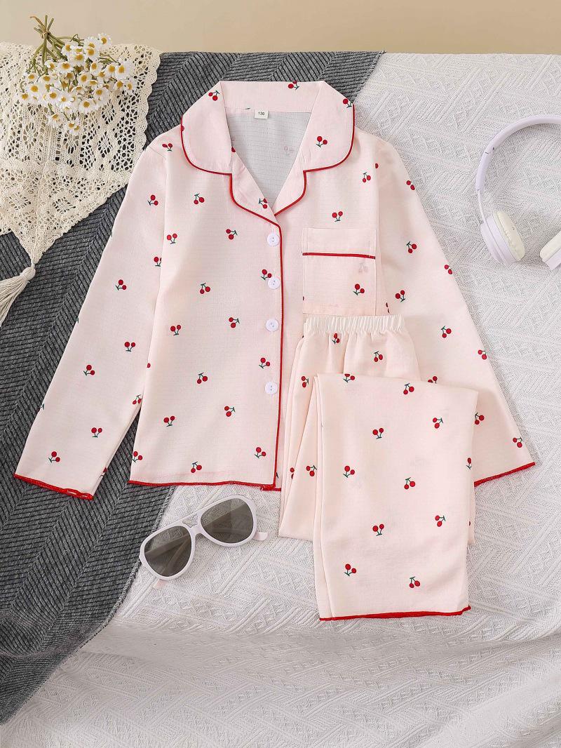 European & American Cherry Print Girls Pajamas Set - Long Sleeve & Pants Size 110