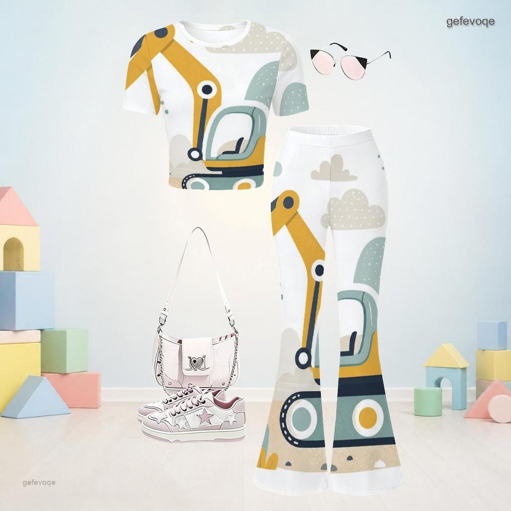 Girls Round Neck Short Sleeve Printed Top And Flared Pants Two Piece Set
