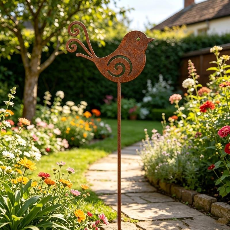 Rusty Animal Yard Stake Decoration for Lawns and Porch Edges, Metal Garden Stake with Weathered Finish and Easy Soil Placement
