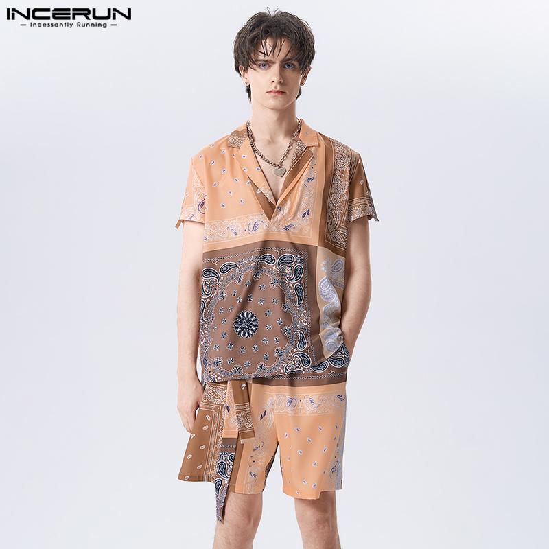 

INCERUN Летняя рубашка с короткими рукавами с лацканами + шорты, мужской комплект из двух предметов с принтом