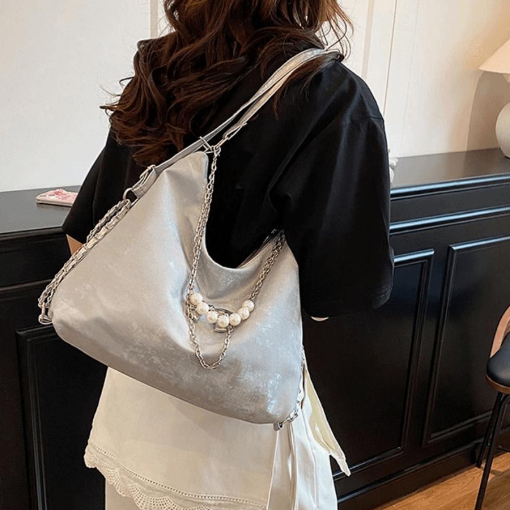 Retro Women's Shoulder Bag PU Leather Lightweight Student Tote Bag Large Capacity Butterfly Pearl Chain Convertible Backpack