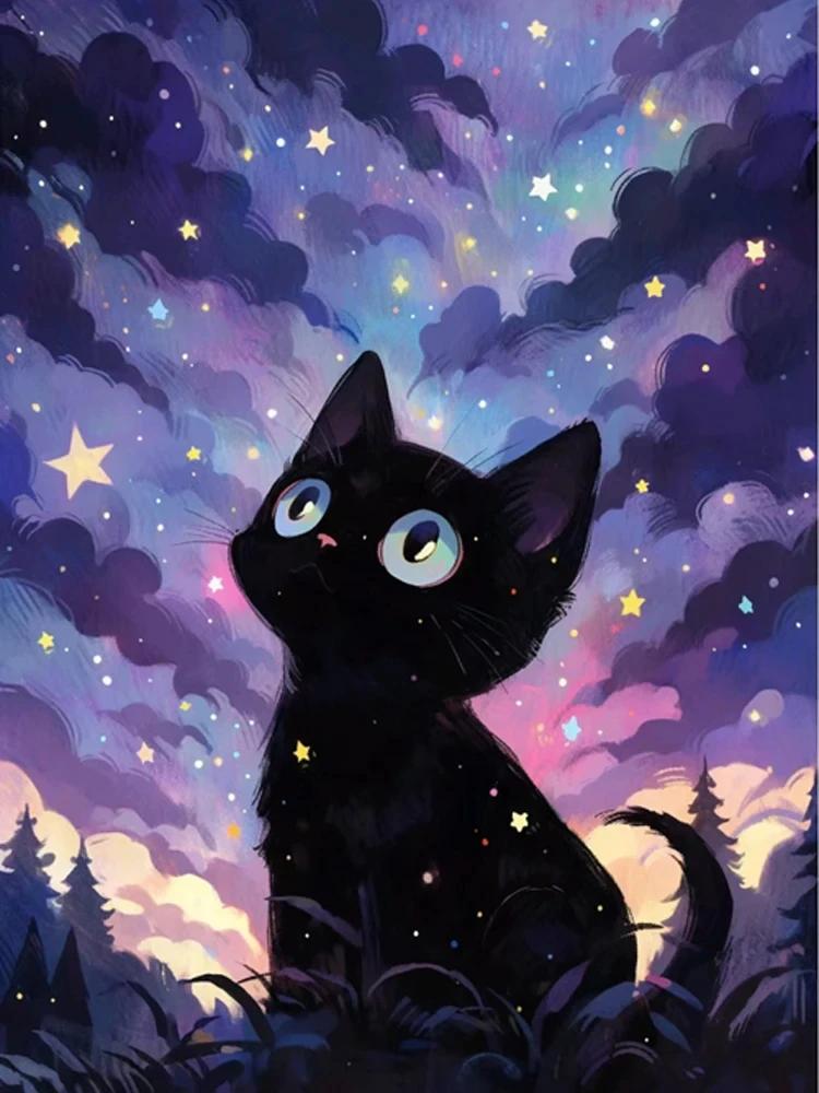 Abstrakt Stjärnhimmel och Svart Katt Affischer och Tryck Canvas Målning Väggkonst Bilder För Vardagsrum Hem Mural Dekoration Gåva