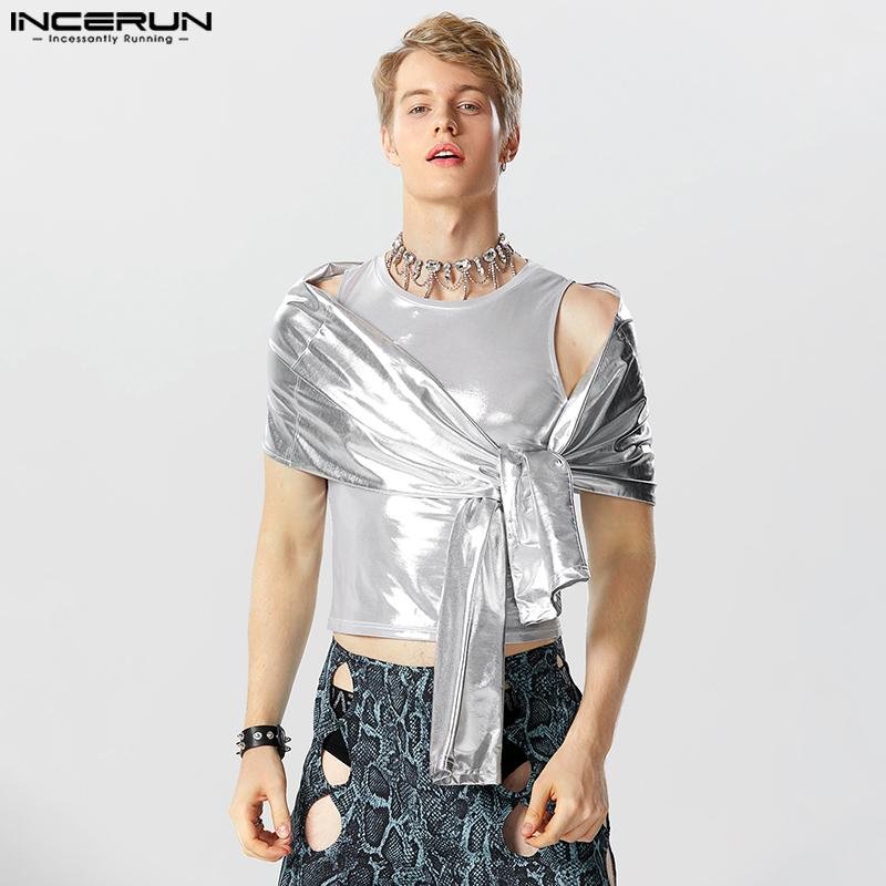 

INCERUN Блестящие мужские топы с короткими рукавами и вырезами