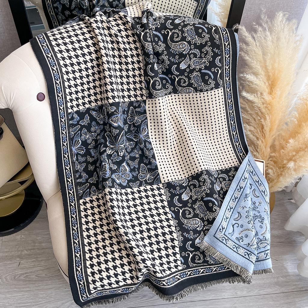 imitation cashmere long scarf retro thousand bird grid double-sided cashew flower scarf warm high-end fringed shawl