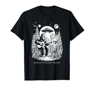 Lustiges Bigfoot Alien spielt Gitarre Groovin' the Unknown UFO T-Shirt