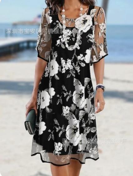 Spring And Summer Women'S Clothing New Independent Station Fashion V-Neck Chiffon Five-Quarter Sleeve Women'S Dress