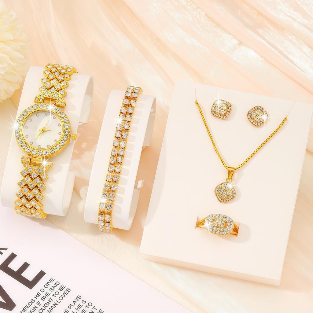 Ladies Cornucopia Diamond Watch Set, Popular 5pcs Bracelet Accessories Fashion Quartz European Beautiful Women Watch Set