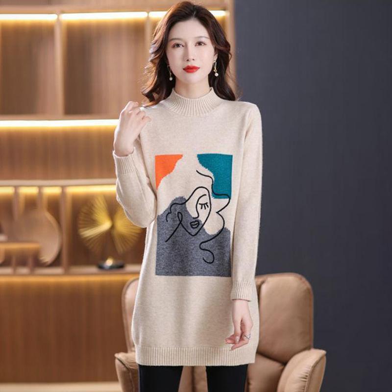 Kleid für Frau Baumwolle Winter Warm Rundhals Langarm Vintage Lässig Bedruckt Lang Stretch Strickpulloverkleider