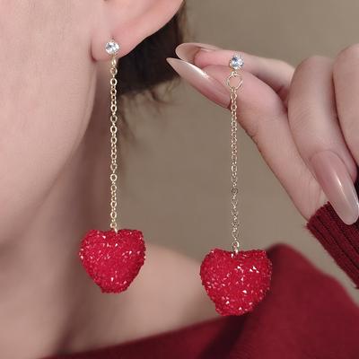 Gorgeous Sparkling Red 3D Heart Stud Earrings, Elegant and Sweet Drop Earrings for Women