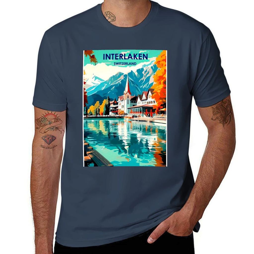 Interlaken Switzerland Vintage Travel and Tourism Advertising Print TShirt Basic Casual Short Sleeve Cotton Shirt