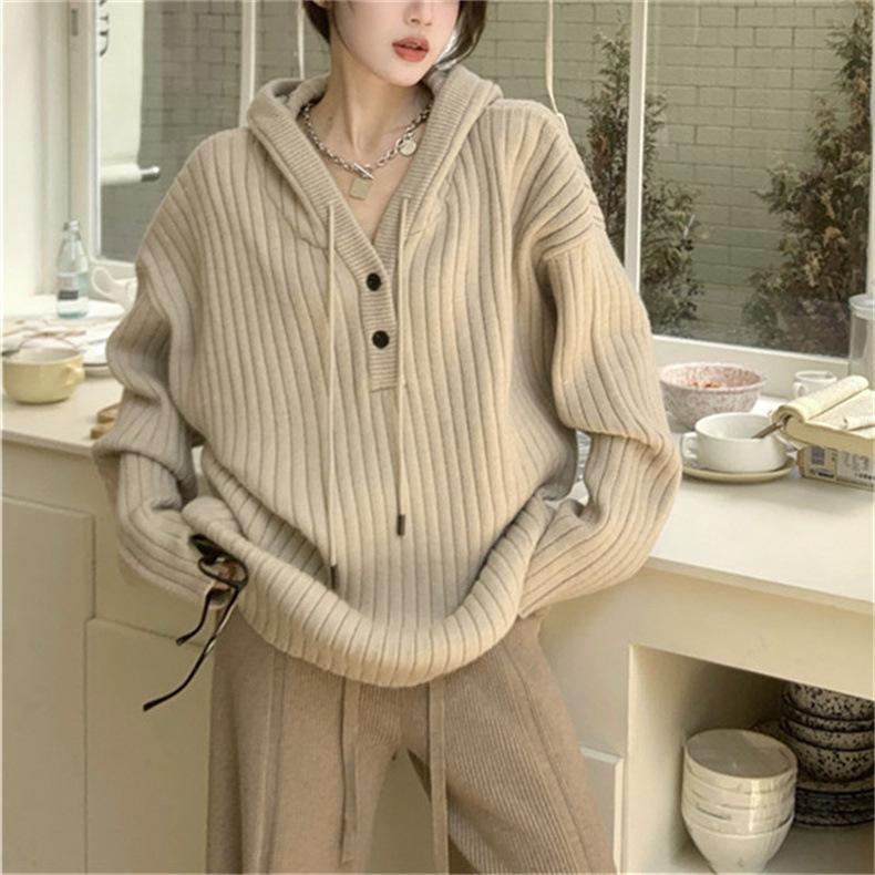 Pit Strip Hooded Sweater Coat Women's Autumn Loose Fashion Casual Soft Waxy Sweater Top