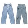 Spring Autumn Denim Pants Star Pattern Solid Color Zipper Fly Wide Leg Loose Jeans Streetwear