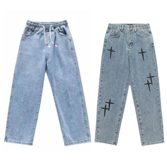 Spring Autumn Denim Pants Star Pattern Solid Color Zipper Fly Wide Leg Loose Jeans Streetwear