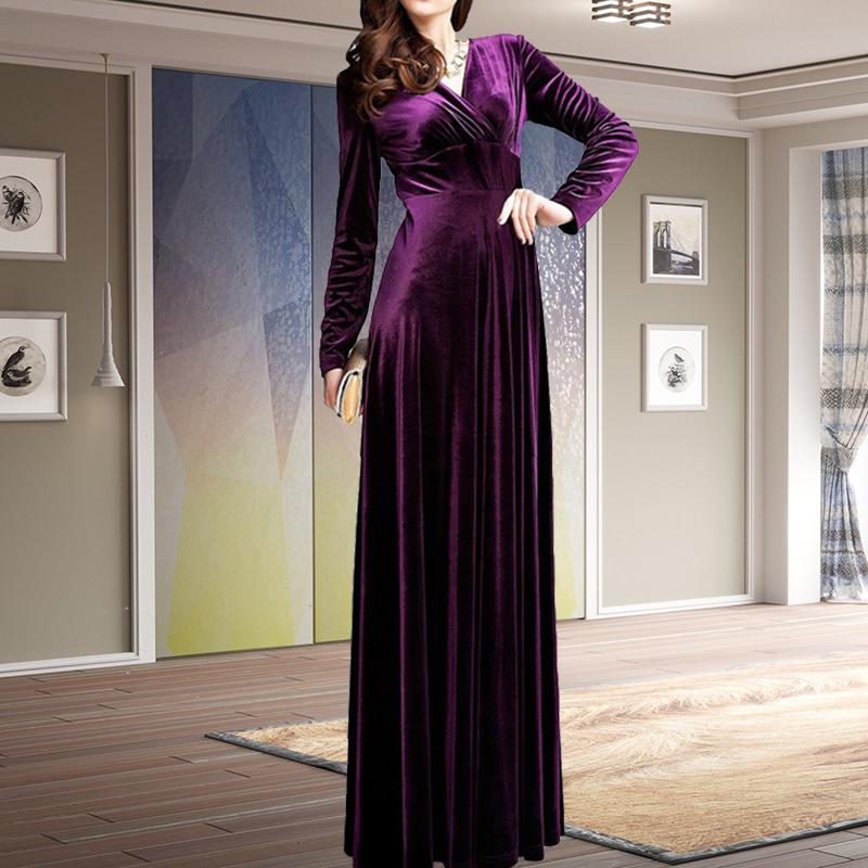 European and American new women's clothing autumn and winter solid color long-sleeved dress, golden velvet V-neck dress