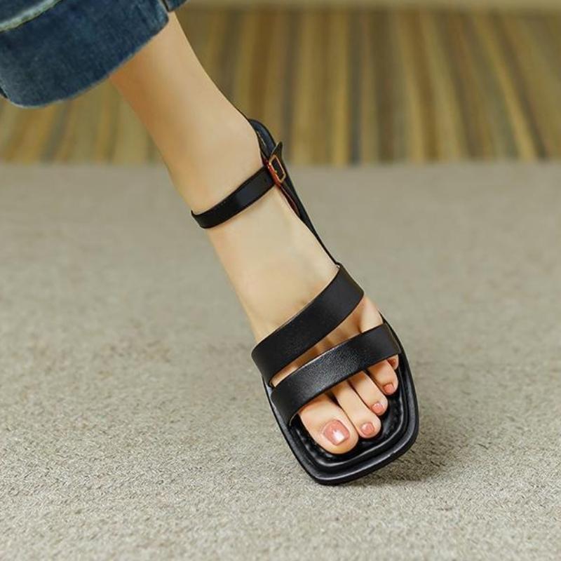 Mode Mode Vielseitiger Damenschuh Sommer Neu Quadratische Zehenpartie Flache Schuhe Komfort Rutschfest Damen Sandalen Einfache Weichbesohlte Damen Römerschuh