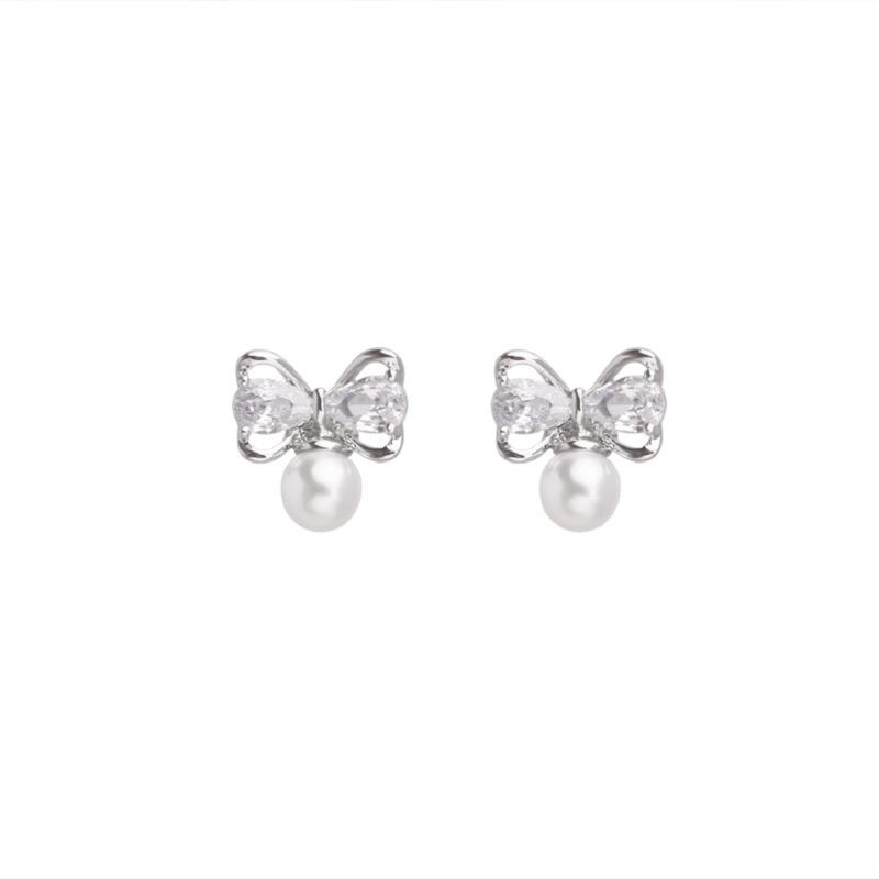 Summer Small Bow Pearl Stud Earrings for Women with Luxurious Zirconia Fashionable and Elegant Ear Jewelry