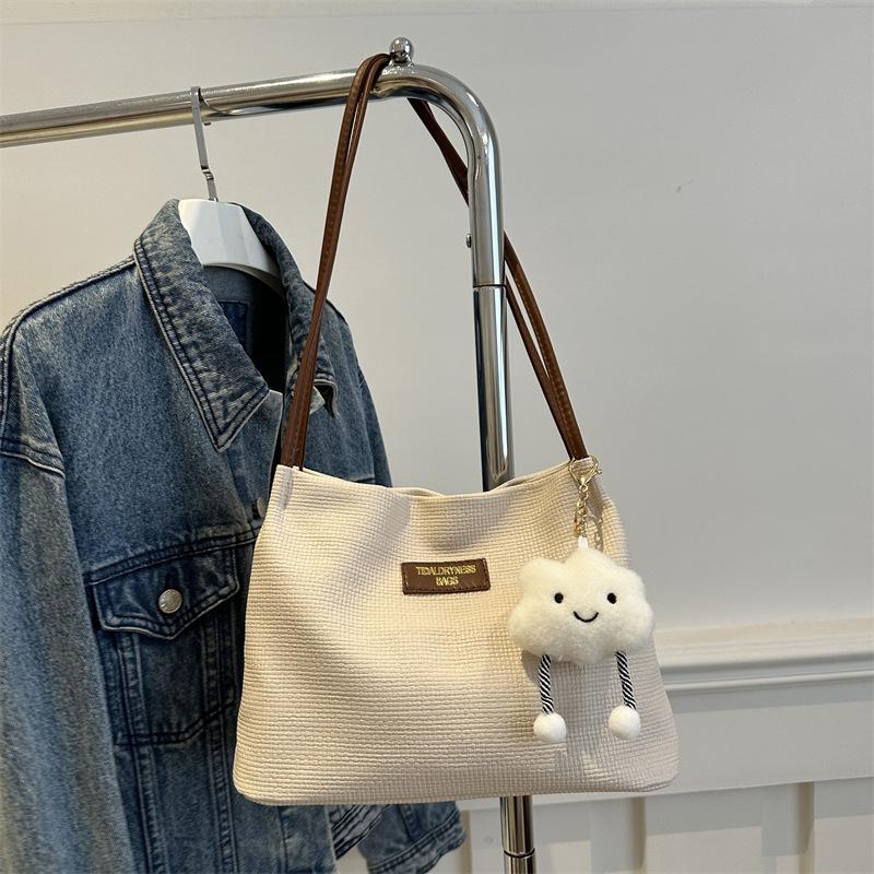 

Женская сумка через плечо из искусственной кожи с верхней ручкой и маленькой подвеской, модная однотонная повседневная сумка-ведро для поездок на работу 28x12.5x21.5cm кофейный