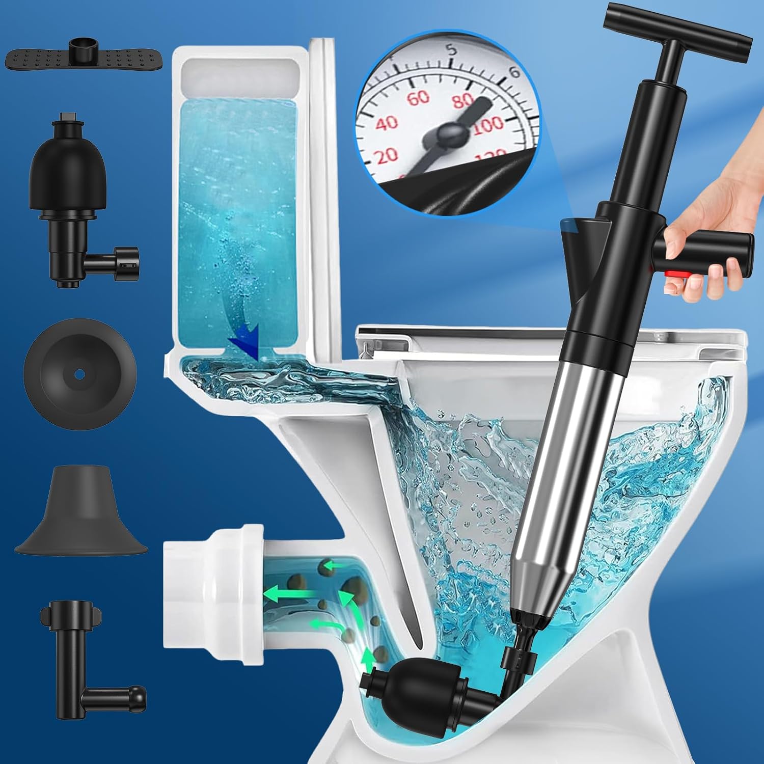 Toilet Plunger, Upgraded High Pressure Toilet Plunger Air Plungers Sink Plunger with Visual Barometer, Stainless Steel Air Drain Blaster, Powerful