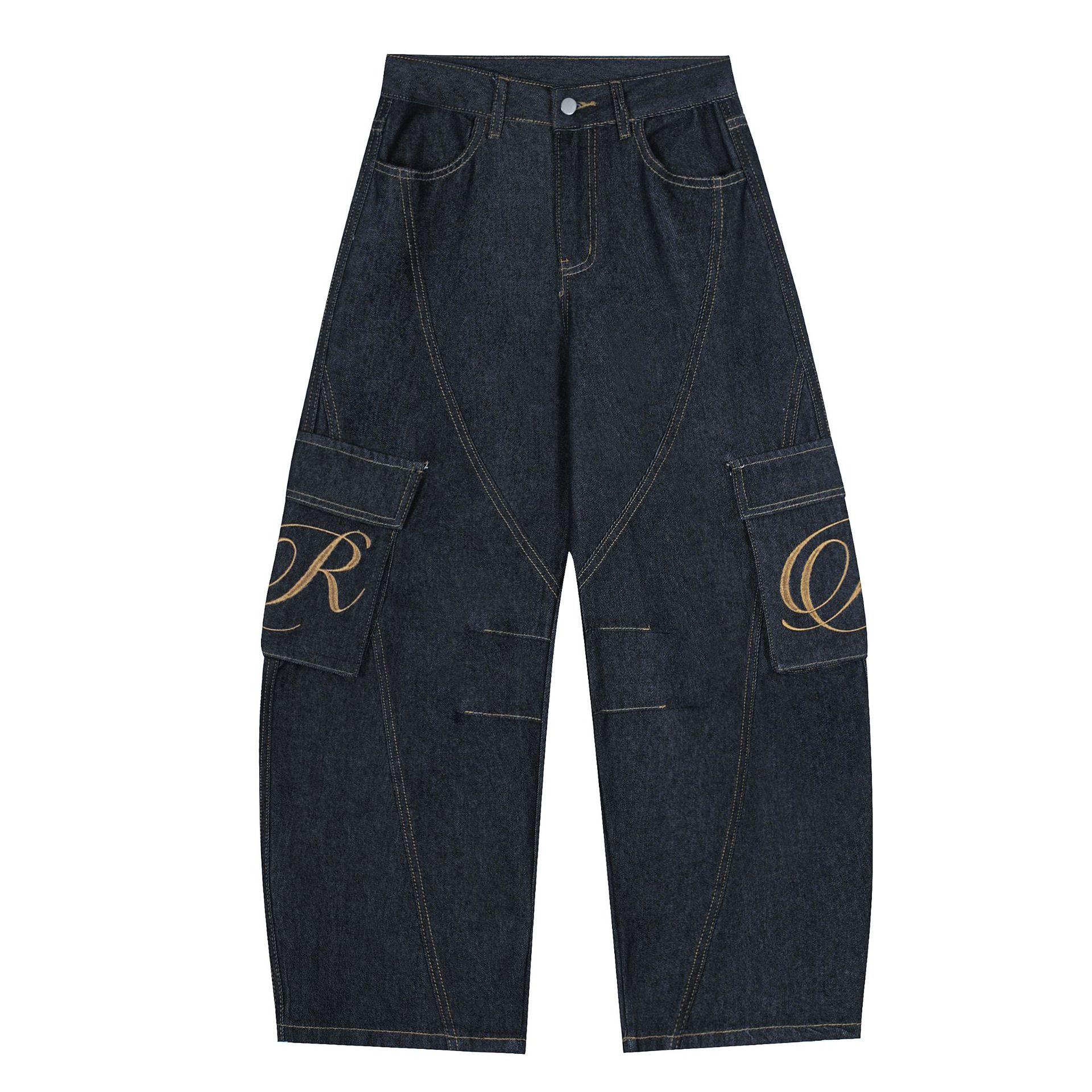 Men s American retro wash tooling jeans straight high street vibe wide leg trousers S синий
