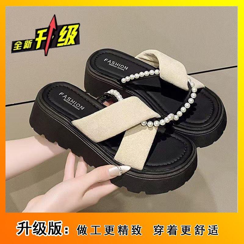 Pearl national style fairy wind girl one-word drag 2025 summer new outer wear with skirt sandals thick-bottomed beach tide slippers